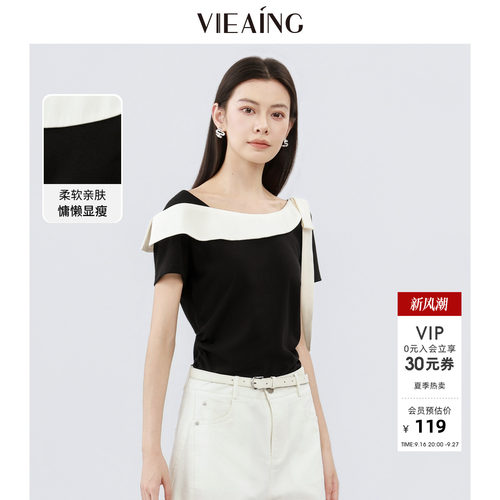 VIEA.ING薇迎黑色短袖T恤女2026夏季新款休闲甜美气质减龄上衣