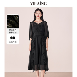休閑圓領(lǐng)網(wǎng)紗黑色薄款 裙子 新款 VIEA.ING薇迎收腰連衣裙女2025夏季