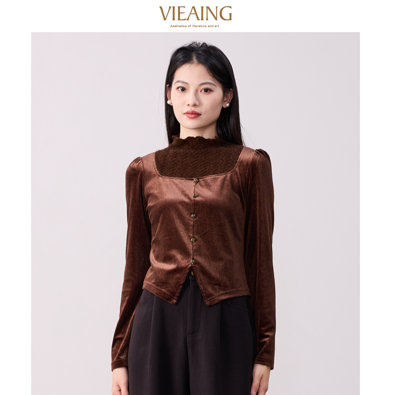 VIEA.ING薇迎灯芯绒衬衫女2025冬季新款衬衣蕾丝拼接咖啡色上衣
