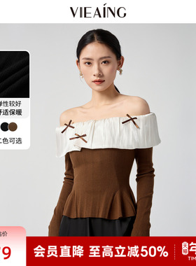 VIEA.ING薇迎商场同款小蛮腰针织衫女2026春款韩系一字肩毛衣上衣