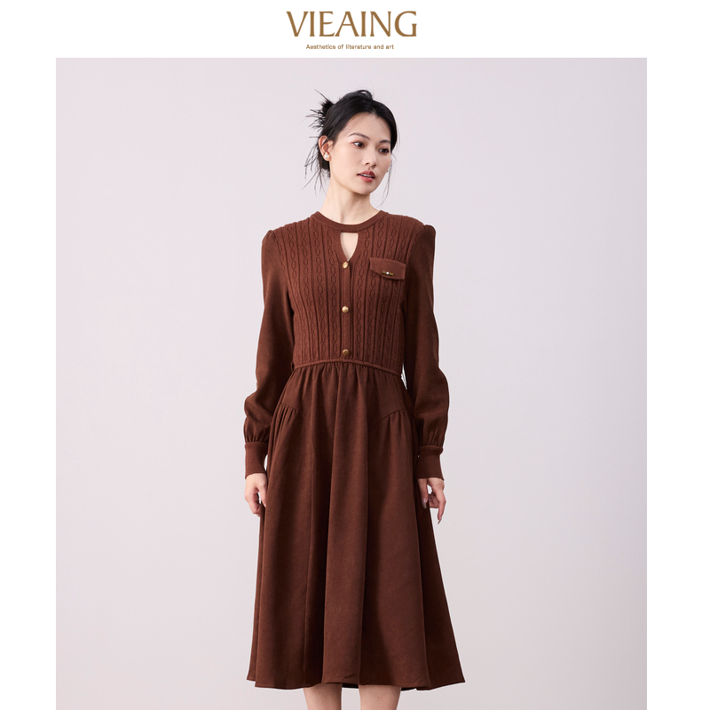VIEA.ING薇迎美拉德针织连衣裙女2025冬季新款配腰带咖色内搭裙子