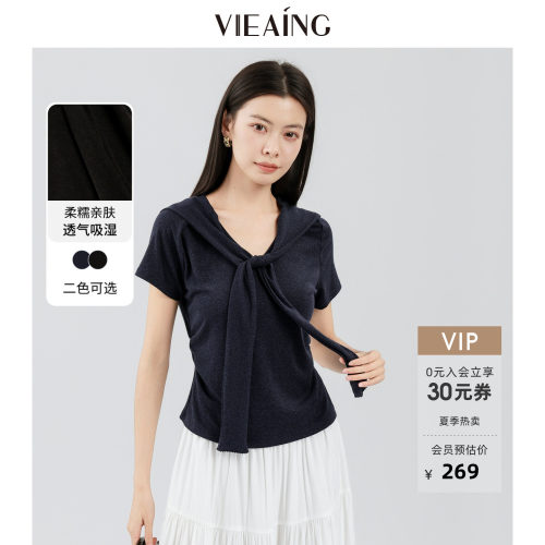 VIEA.ING薇迎商场同款短袖T恤女2026夏季新款海军领减龄蓝色上衣