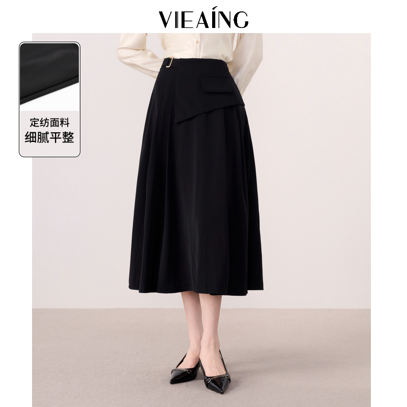 VIEA.ING薇迎秋设计感不规则搭片拼接半裙百搭黑色a字裙子