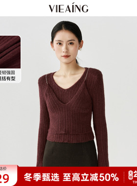 VIEA.ING薇迎商场同款假两件毛衣女2025冬新款新年战袍红色针织衫