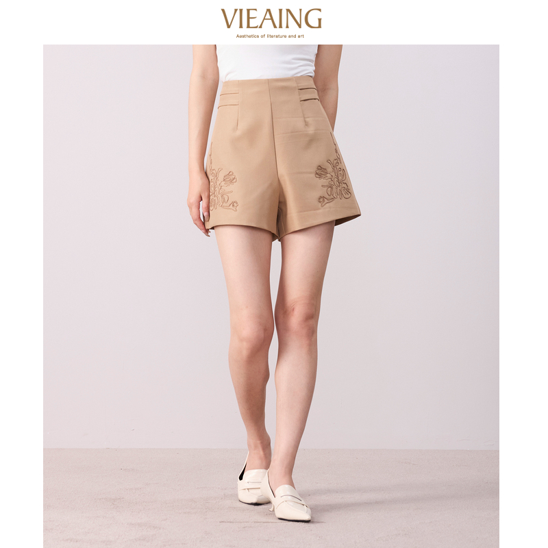 VIEA.ING薇迎卡其阔腿短裤女2025冬季新款休闲百搭小个子显瘦裤子