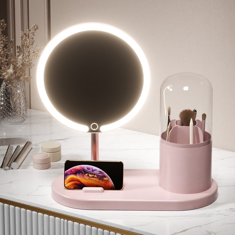 新款LED镜子化妆镜带化妆收纳筒台式桌面随带灯学生家用身补光镜