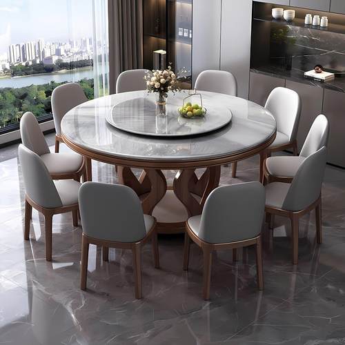 微晶石高级感圆餐桌轻奢家用饭厅现代简约大理石饭桌带转盘大圆桌