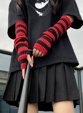 暗黑半指手套日系y2k辣妹露指少女手套cosplay条纹朋克土酷袖套