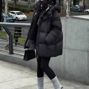 泡芙羽绒服女灰色中长款连帽2025冬季新90白鸭绒小个子面包服外套