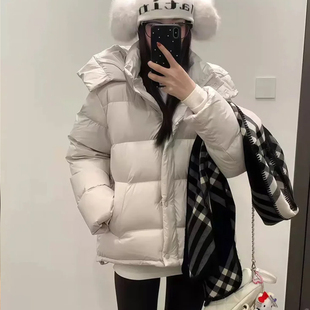 羽绒服女冬季连帽白色短款收腰加厚露露LuLu同款白鸭绒面包服外套