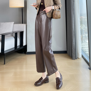 蜜糖之城加绒皮裤女秋冬季2025新款高腰显瘦小个子窄版直筒九分裤