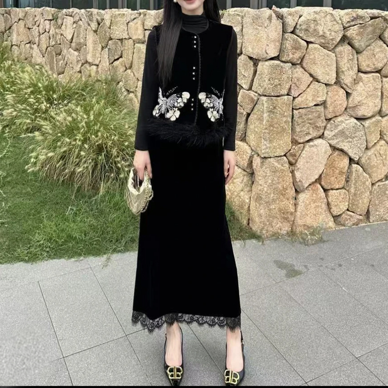 开衫新中式刺绣马夹宽松蕾丝套装