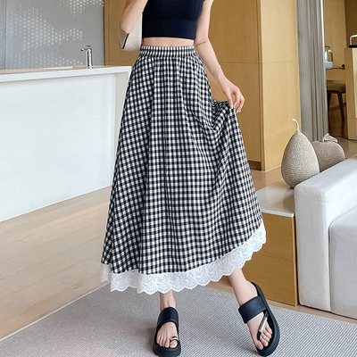 蕾丝花边格子半身裙女中长款秋季2025新款高腰百搭显瘦蛋糕裙女