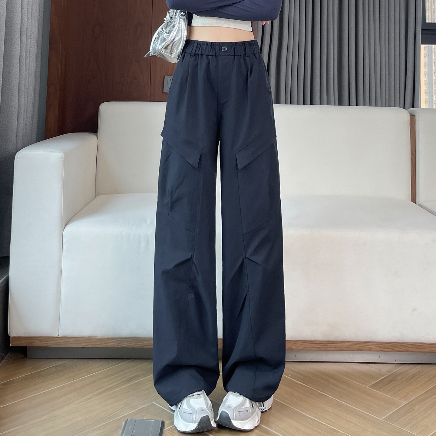 蜜糖之城藏蓝色美式工装裤女春秋2025新款休闲束脚登山伞兵运动裤