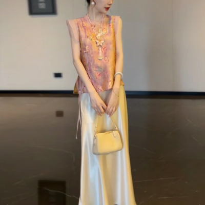 新中式国风马甲开衫气质亮片珠绣蕾丝上衣半身裙套装裙女装两件套