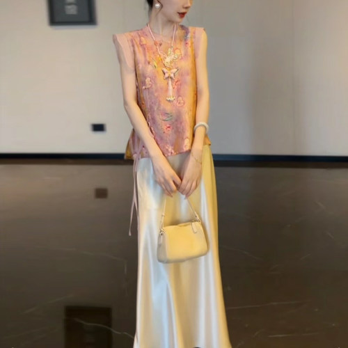 新中式国风马甲开衫气质亮片珠绣蕾丝上衣半身裙套装裙女装两件套