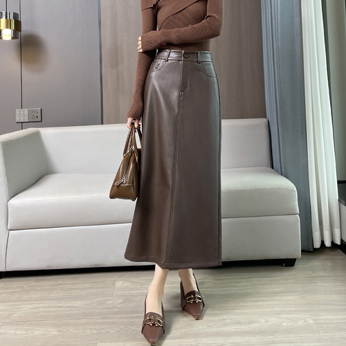 蜜糖之城直筒半身裙中长款高腰pu皮裙女秋冬季2025新款开叉包臀裙
