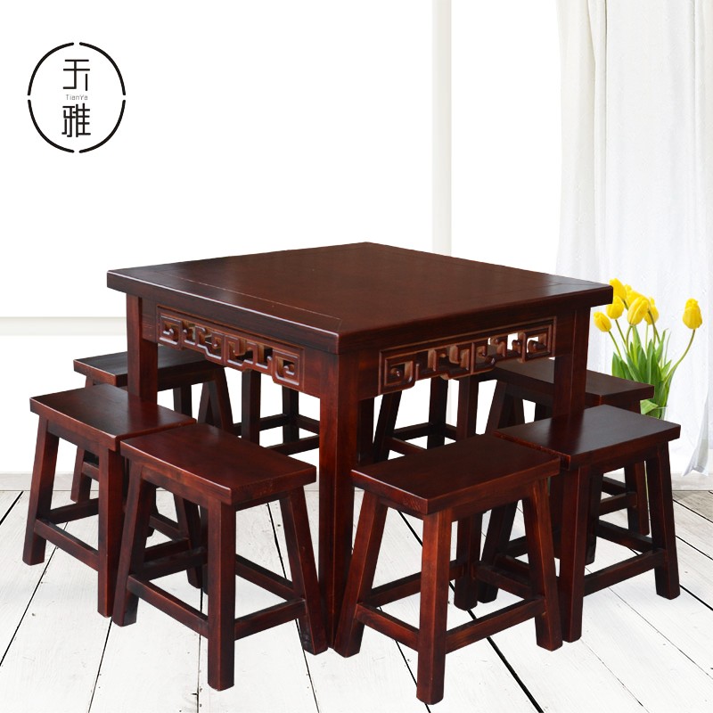 八仙桌农家乐餐桌家用仿古四方桌子实木饭店正方形碳化木简约中式