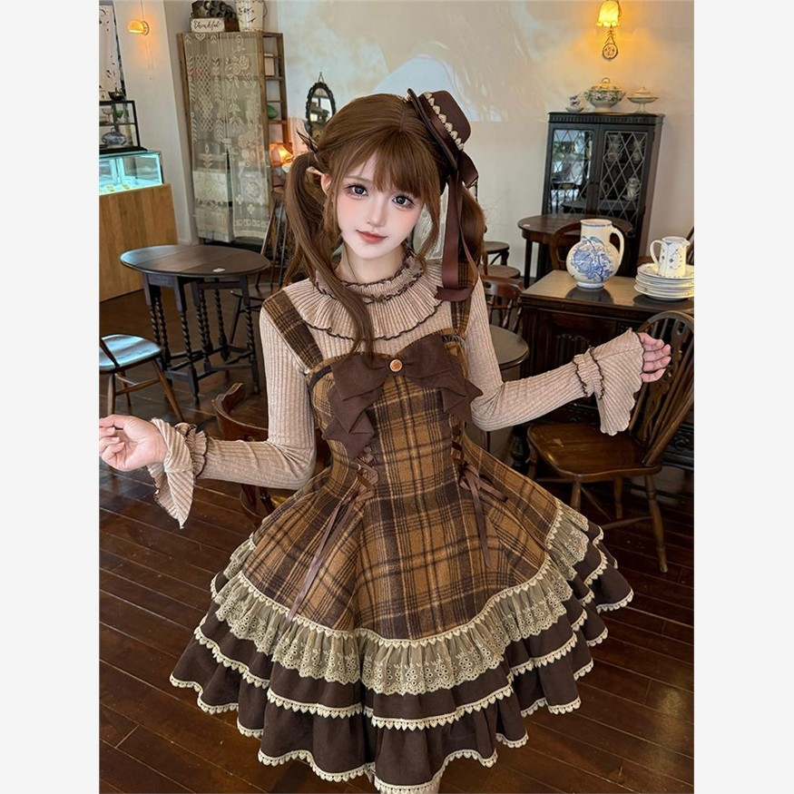 枫糖姜饼人 秋冬新款日系lolita设计感叠穿斗篷连衣裙显瘦三件套