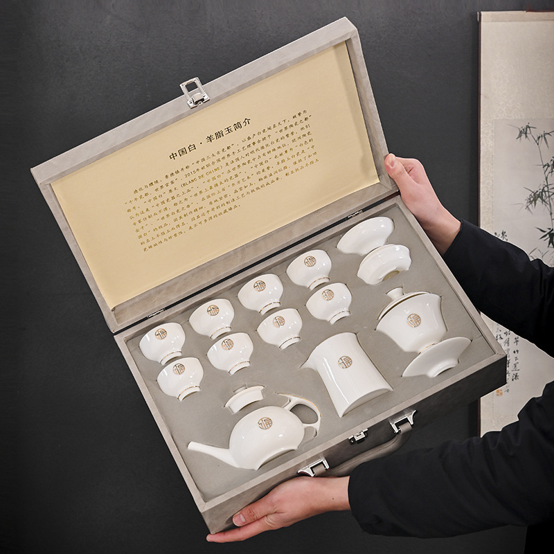 德化羊脂玉白瓷茶具套装轻奢高档家用客厅泡茶办公室会客盖碗茶杯