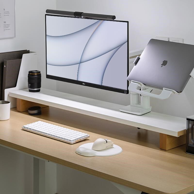 MOZI碳钢实木显示器增高架可夹机械臂桌面台式电脑支架收纳置物架