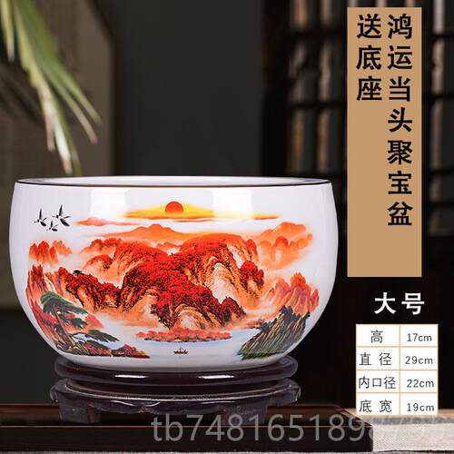 正品景德镇陶瓷器描金聚鸿运当头宝盆开装业饰办公室居客家厅玄关