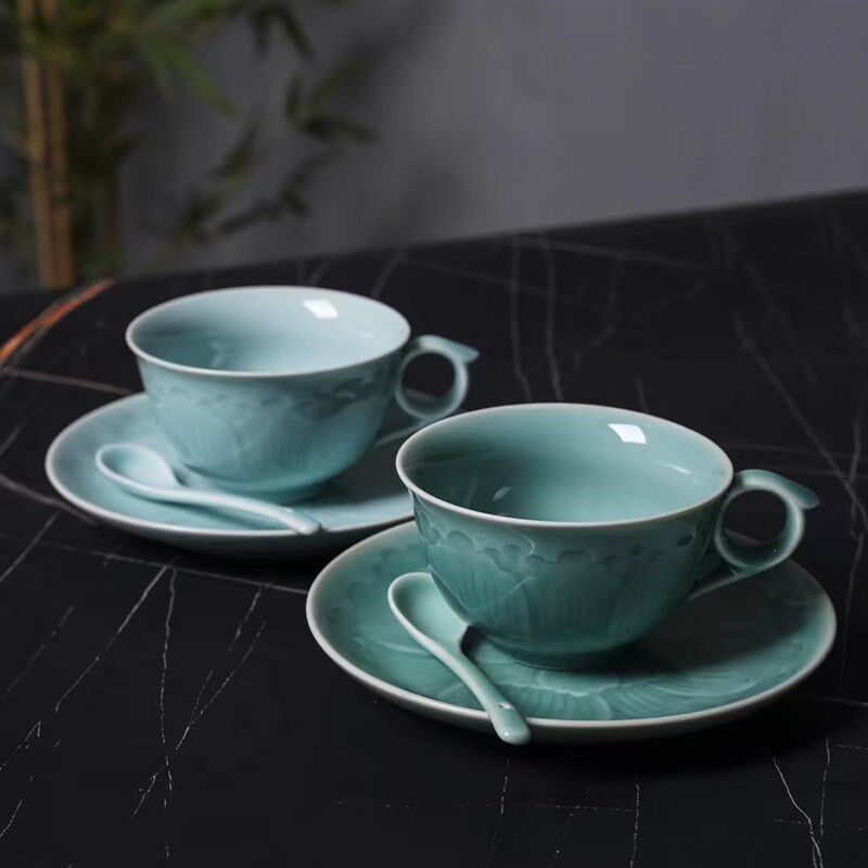 精选龙泉青瓷咖啡杯陶瓷杯子碟勺套餐高档精致男女创意轻奢家用马