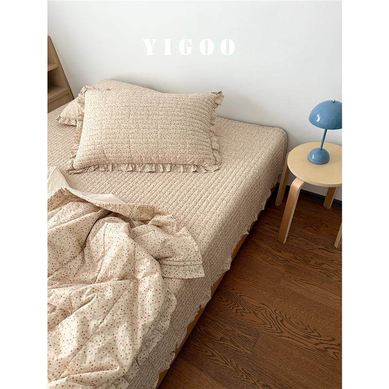 韩系小碎花木耳花边棉麻绗缝床盖四件套夹棉床单可配被套柔软透气