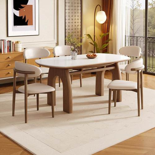 中古风实木岩板伸缩餐桌可变圆桌家用小户型现代简约方圆两用桌子