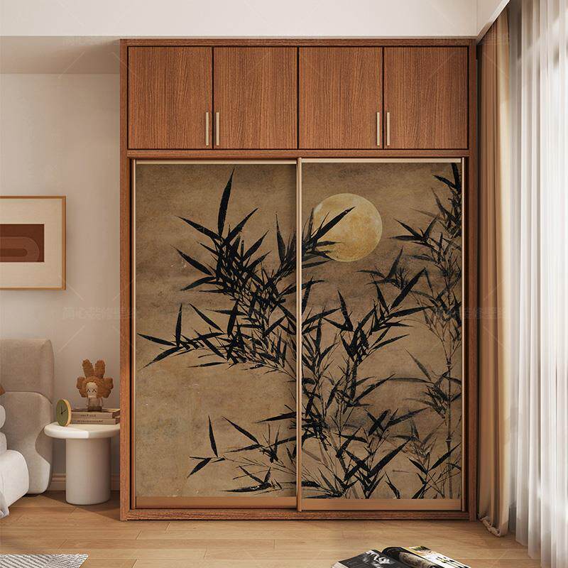 中式复古竹子柜子贴民宿装饰衣柜推拉门贴纸自粘卧室玻璃门翻新贴