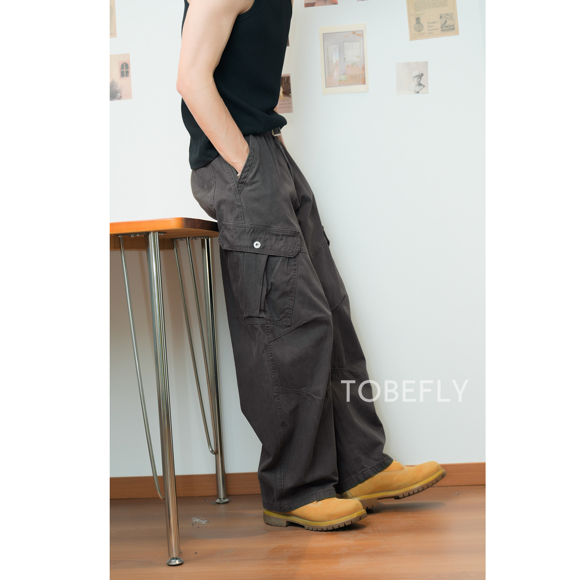 Tobefly100棉美式复古褶皱解构设计工装25秋宽松阔腿弯刀裤CK3557,男装,牛仔裤,淘宝优惠券,粉丝福利购,淘宝优惠卷