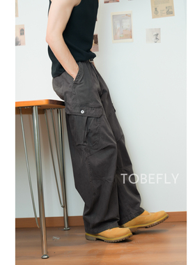 Tobefly100棉美式复古褶皱解构设计工装25秋宽松阔腿弯刀裤CK3557
