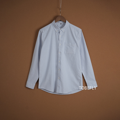 100棉蓝白细条纹翻领衬衫