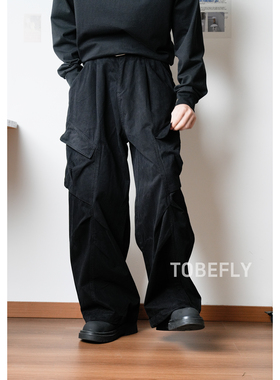 Tobefly100棉美式复古侧边大口袋解构褶皱设计感宽松休闲裤KJ6282