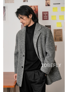 Tobefly韩系灰色羊毛双面呢羽绒西装25冬季新款加厚毛呢外套82153