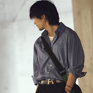Tobefly纯棉衬衫miu系复古深蓝色格子男春秋款长袖格纹衬衣Y858