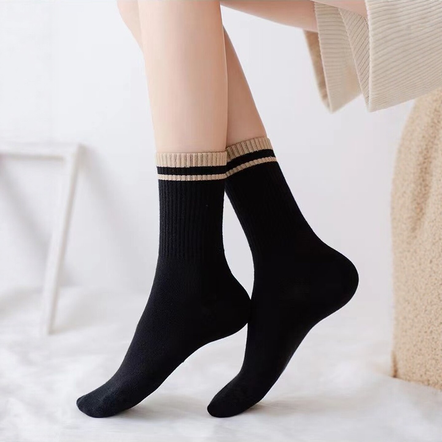 黑色条纹长袜中筒夏季薄款白色运动防臭秋冬纯棉袜子春秋季女