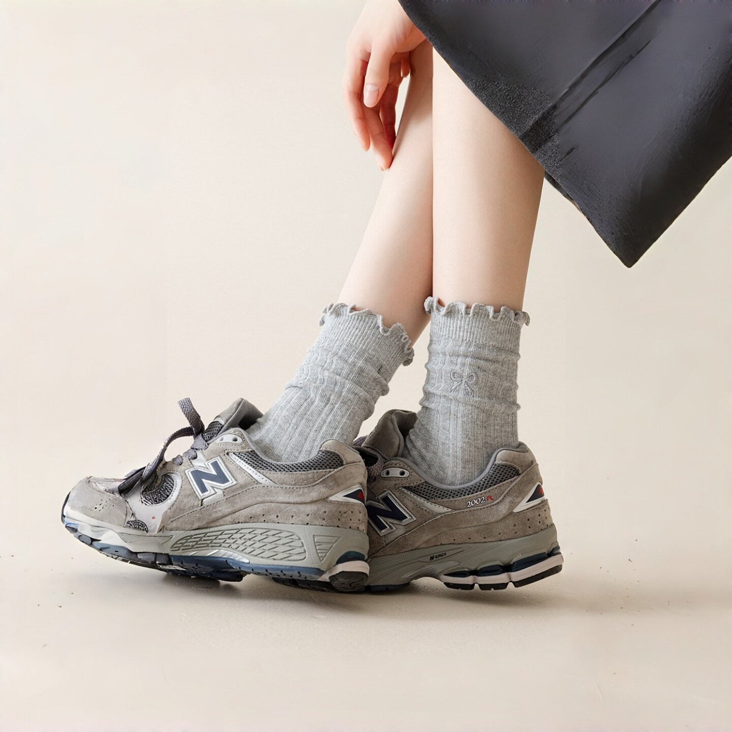 堆堆袜子女款纯棉春夏季薄款灰色新疆长绒棉配小皮鞋抗菌中筒袜