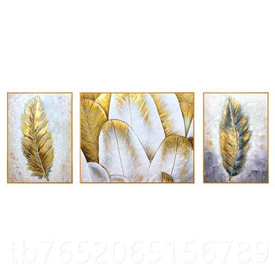 正品手绘羽毛油法式三连新款客装饰画轻奢高级感美式室画内术艺厅