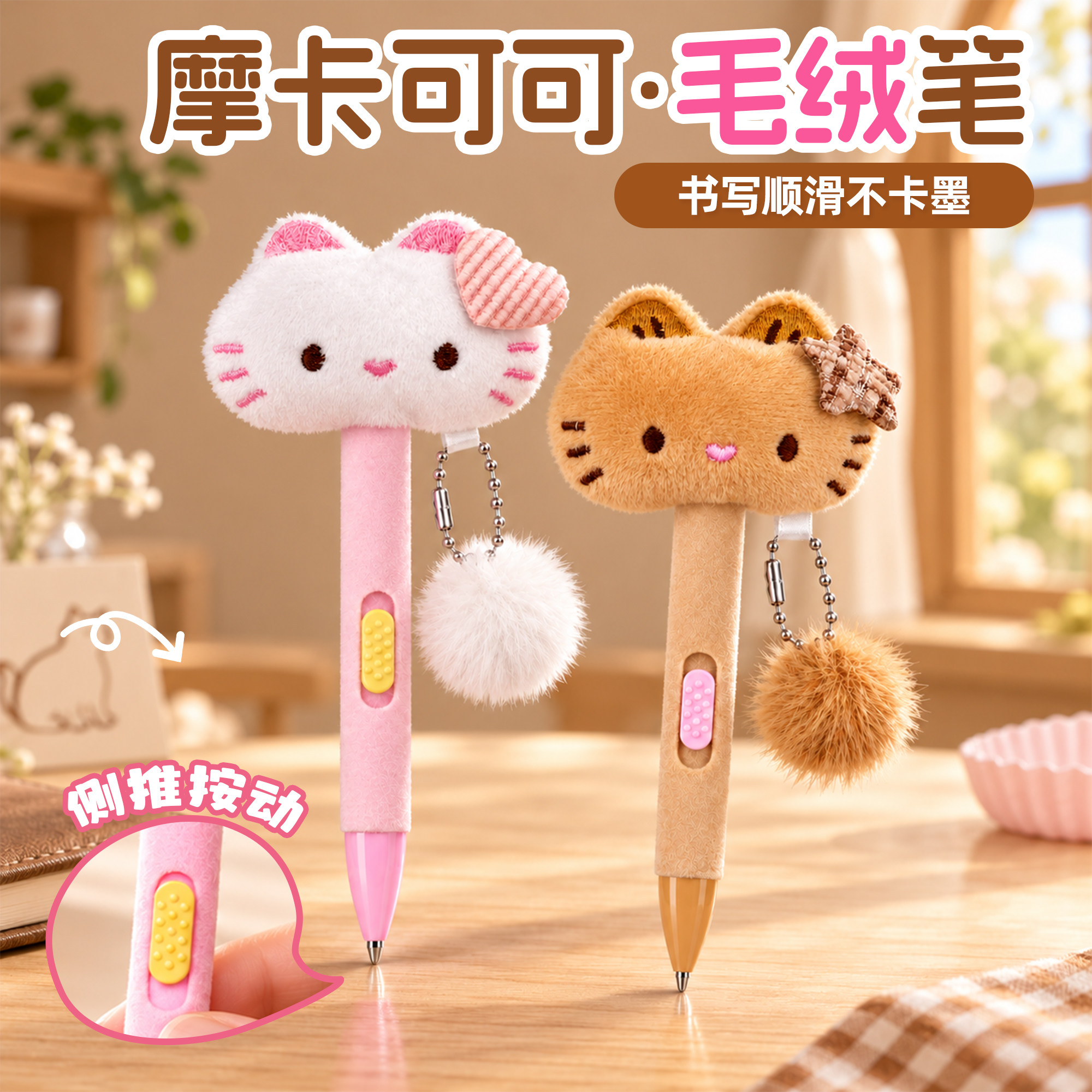 解压小猫毛绒绒中性笔可爱超萌女生毛球公仔毛茸茸笔猫咪笔按动