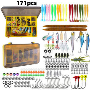 171件/盒T尾软饵旋转复合亮片三本钩铅头钩开口咬铅曲柄钩套装盒