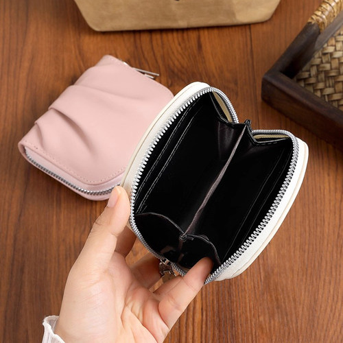 2025新款钱包女短款褶皱简约可爱小巧纯色轻薄学生零钱包硬币卡包