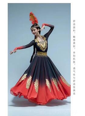 高档新演舞蹈服装演出服新款大摆裙红色艺民考连衣裙族风疆表维吾