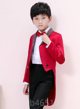 高档儿童钢红色礼服男童男燕尾服孩主指持婚礼魔术挥琴演出服韩版