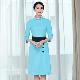 职业装 高档空机制服空姐蓝色连衣裙女航七袖 导诊长美容分院礼仪工