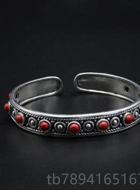 高档民族风925纯银色手镯复古款开口藏族特旧环游手牧做草原风蒙