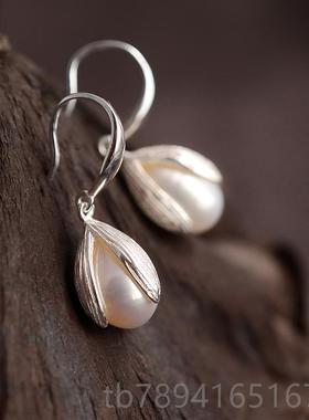 高档s925纯银手女银镯子珍珠芙蓉花清新简森约系镯细款款复古风新