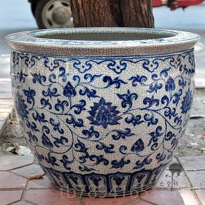 高档景书德绘镇陶瓷器裂纹釉手青花瓷鱼缸中国睡莲荷风花画缸锦鲤