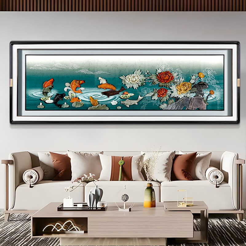 长客厅沙发背景墙玉雕挂画立体浮雕壁画高端富贵有余牡丹花装饰画图片