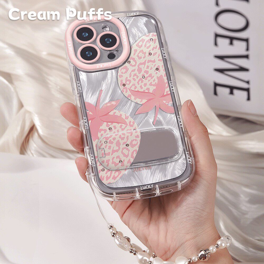 VIVOIQOO15超仙苹果14ins风草莓镜子支架13适用17ProMax小清新iPhone16少女心红米k90带挂绳荣耀x70i手机壳软